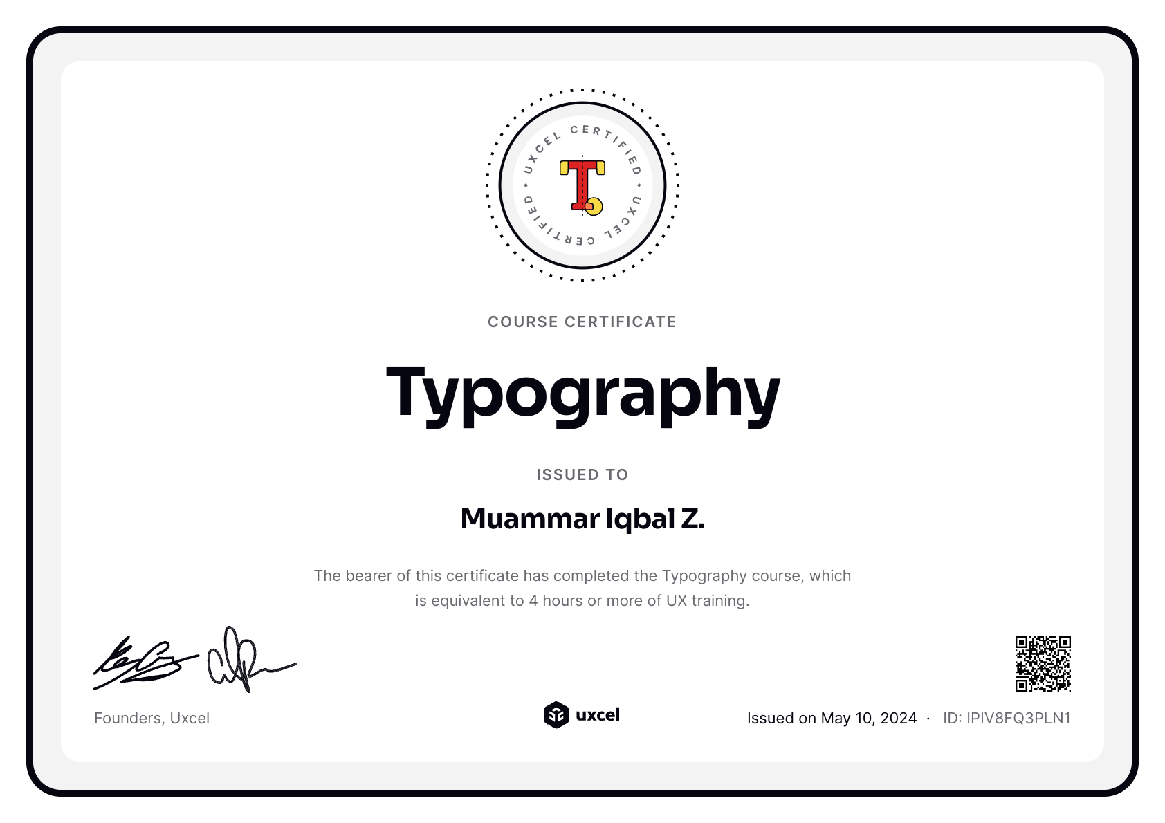 Muammar Iqbal Zulfian's certificate